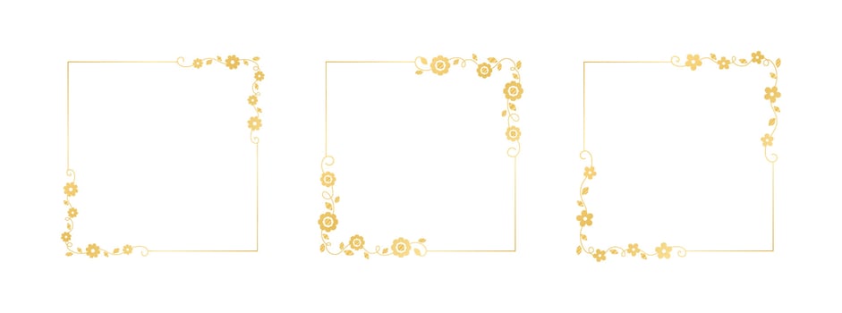 Botanical gold square frame set. Simple line border, leaves and flowers, wedding invitation and cards, logo design and posters template. Elegant minimal style floral vector isolated