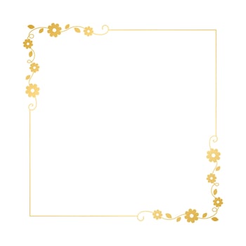 Gold floral square frame. Elegant line border, leaves and flowers, wedding invitation and cards, logo design and posters template. Simple minimal style botanical vector art.