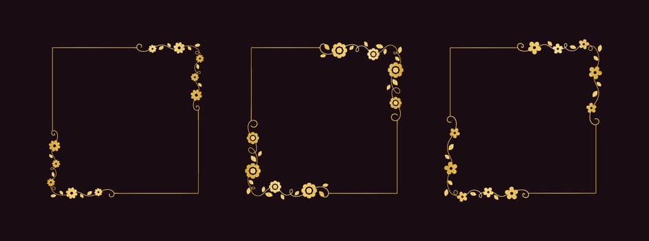 Botanical gold square frame set. Simple line border, leaves and flowers, wedding invitation and cards, logo design and posters template. Elegant minimal style floral vector isolated