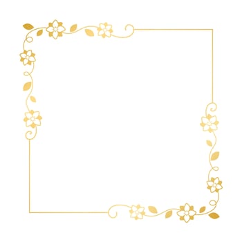 Gold floral square frame. Elegant line border, leaves and flowers, wedding invitation and cards, logo design and posters template. Simple minimal style botanical vector art.