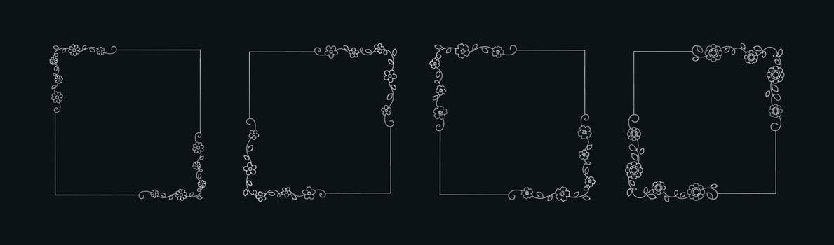 Silver floral square frame set. Elegant line border, leaves and flowers, wedding invitation and cards, logo design and posters template. Simple minimal style botanical vector art.