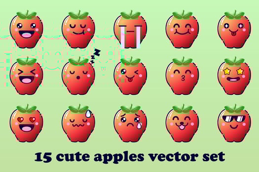 Cute Cartoon Apple Fruit with Kawaii Faces and Chibi Style Emoticon Vector Set