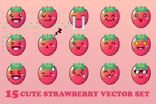 Cute Cartoon Strawberry with Kawaii Faces and Chibi Style Emoticon Vector Set