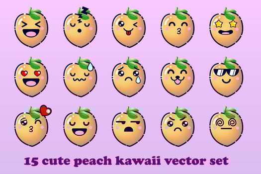Cute Cartoon Peaches Fruit with Kawaii Faces and Chibi Style Emoticon Vector Set