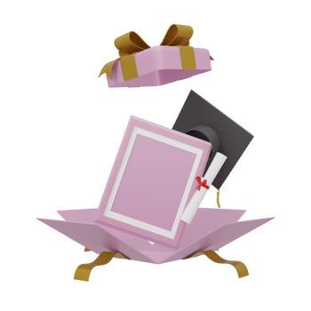 an open gift box containing photo frames and graduation caps, perfect for congratulation png