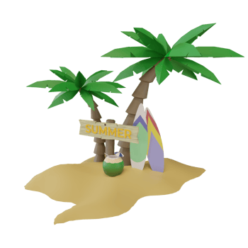 summer signboard with palm trees, surfboards and young coconuts, 3d render png