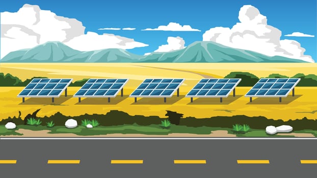 Horizontal view of asphalt road cuts through a vast field of yellow flowers. Solar panels lined up on the open area receive sunlight. Background of mountain under blue sky and white clouds. vector
