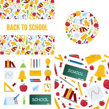 school, office stationery backgrounds set. calculator, pencils, tube of glue, paints, notebook, calendar. education supplies for children study. vector cartoon flat items