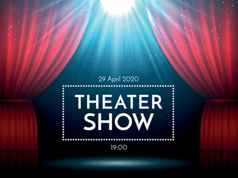 Open red curtains on stage illuminated by spotlight. Dramatic theater or opera show scene. Performance showtime billboard. Entertainment vector background