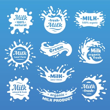 Cow milk splashes with letters. Isolated milks splash for health food store, dairy logo vector label