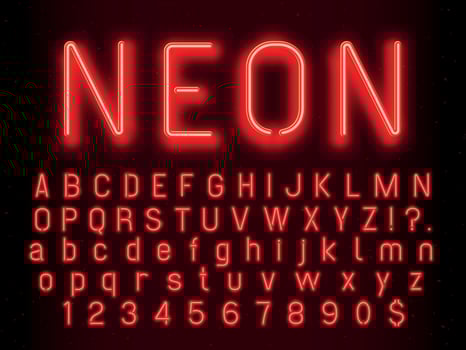 Bar or Casino glowing sign elements. Red neon letters and numbers with fluorescent light vector illustration