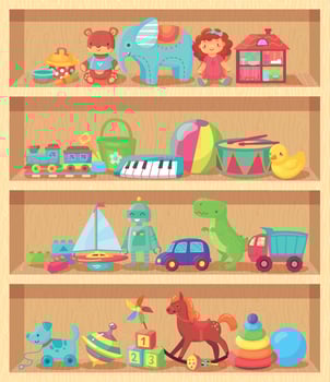 Cartoon toys on wood shelves. Funny animal baby piano girl doll and plush bear. Kids toy shopping shelf vector collection