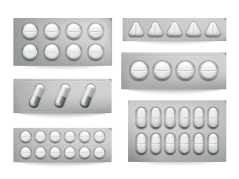 Blister packs white paracetamol pills, aspirin capsules, antibiotics or painkiller drugs. Prescription medicine packing vector set
