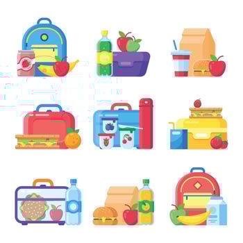 Kids school lunch box. Schoolkid meal bag for dinner. Red apple, milk snack dinners in children food boxes flat vector set