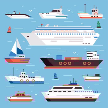 Sea ships. Cartoon boat powerboat cruise liner navy shipping ship and fishing boats isolated front view vector illustration
