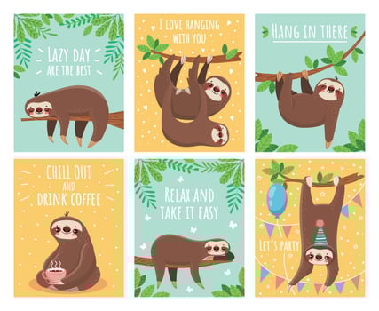 Greeting card with lazy sloth. Cartoon cute sloths cards with motivation and congratulation text. Slumber animals illustration set vector