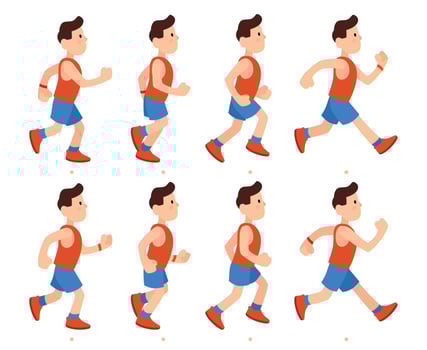 Flat running man. Athletic boy run animation frames sequence. Runner male in tracksuit, legs animations cartoon vector illustration