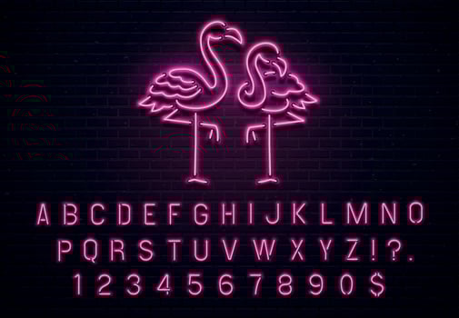 Flamingo neon sign. Pink 80s font. Tropical flamingos electric glow bar billboard with purple light bulb letters vector illustration