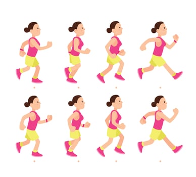 Cartoon running girl animation. Athletic young woman character run or fast walk. Animated motion sport walking vector illustration