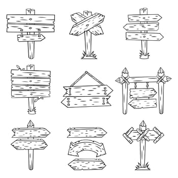 Doodle wood signs. Hand drawn wooden signpost and arrows sketch. Retro street road sign post showing direction isolated vector set
