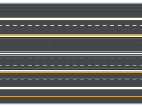 Highway road marking. Horizontal straight asphalt roads, modern street roadway lines or empty highways markings vector illustration set