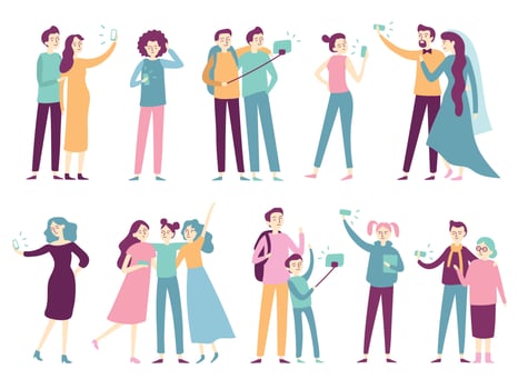 People taking selfie on smartphone. Men taking photos on mobile camera, women posing for photo on smartphones modern flat vector