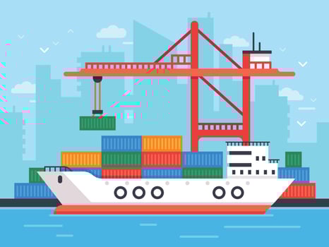 Flat cargo ship in docks. Harbor crane of shipping port loading containers to marine freight boat vector illustration