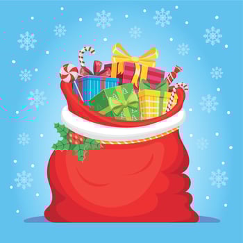 Santa Claus gifts in bag. Christmas presents sack, pile of sweets gift and xmas vector illustration