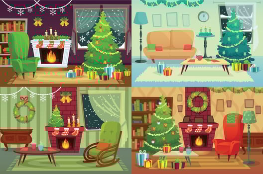 Christmas room interior. Xmas home decoration, Santa gifts under traditional tree and winter holiday house interior vector illustration