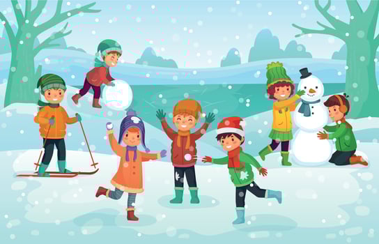 Winter fun for kids. Happy cute children playing outdoors in winters hats. Christmas winter holiday cartoon vector illustration