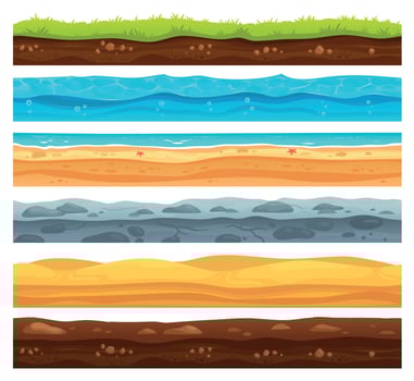 Seamless ground surface. Green grass land landscape, sandy desert and beach with sea water. Grounds layers vector cartoon set