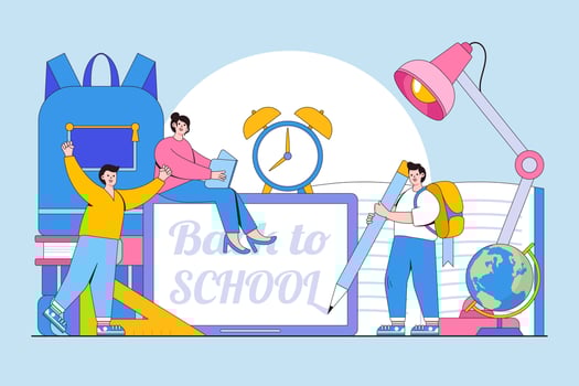 Vector illustration of back to school, preparation for study, new knowledge and online learning with people characters