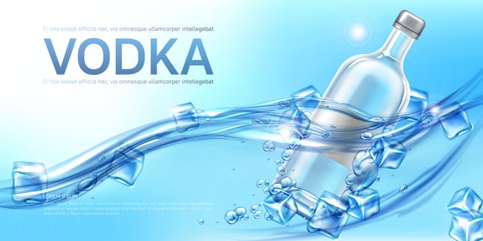 Vodka bottle with ice cubes mockup promo banner vector