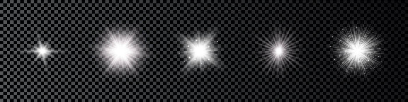 Light effect of lens flares. Set of five white glowing lights starburst effects with sparkles on a dark vector