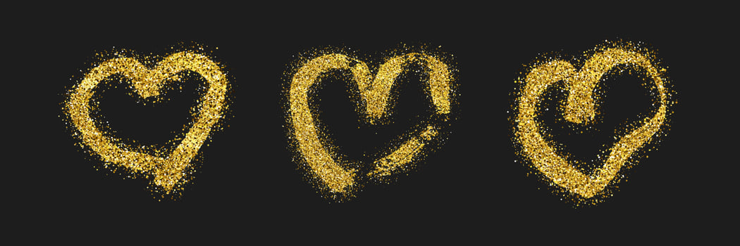 Set of three gold glitter doodle hearts on dark background. Gold grunge hand drawn heart. Romantic love symbol. Vector illustration.