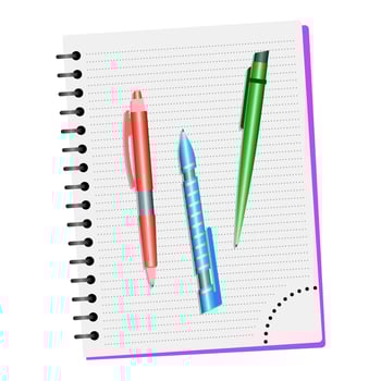 Notebook and three pens on a white background vector