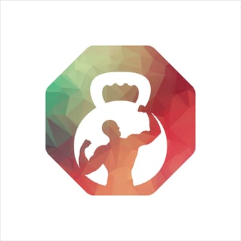 Gym power logo design idea with kettle bell and thunder symbol in negative space. Fitness and bodybuilding club logo template. Sport and recreation theme. vector