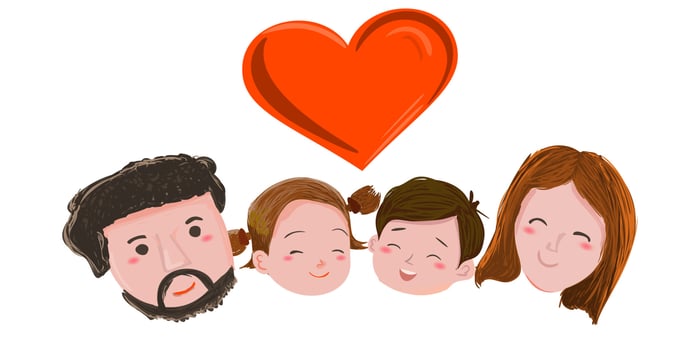 Happy family, father dad, mother mom, kids, son and daughter, brother and sister. Flat vector illustration