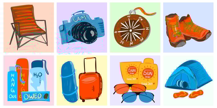 Holiday travel thing about summer vacation stuff to the mountain hiking camping outdoor. Flat vector illustration