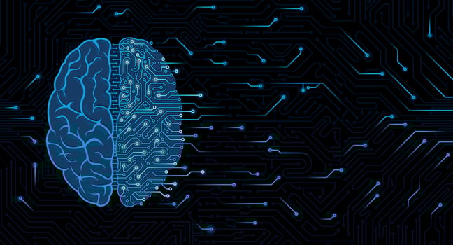 Illustration of blue brain top view half human, half machine brain with circuits on dark circuit board background with random lights with copy space. Artificial intelligence concept vector