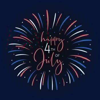 4th of July, United Stated Independence day text Banner with fireworks on dark background. American national holiday. Hand drawn lettering typography design. Vector poster