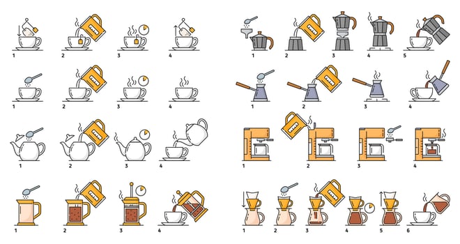 Make tea and coffee brew, preparation instruction vector