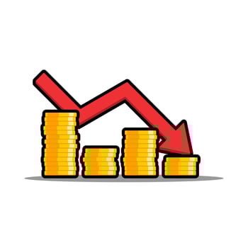 Gold coins price down red graph Black Stroke and Shadow icon vector isolated. Price dollar down. Flat style vector illustration.