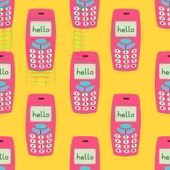 90s seamless pattern with mobile phone on yellow background. Vector background with stickers, pins, patches in cartoon 80s 90s pop art comic style.