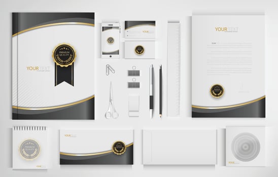 Office equipment kits include notebooks, business cards, pencils, pens, erasers, rulers, scissors. vector