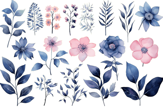Beautiful set Watercolor flower and leaves element collection. Generate AI png