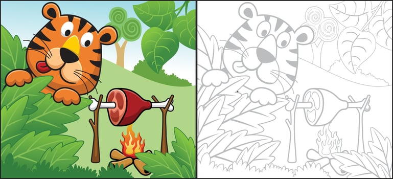Vector cartoon of funny tiger roasting meat in forest. Coloring book or page