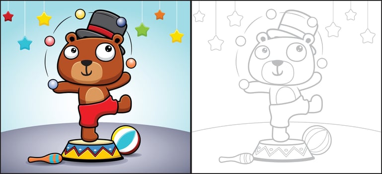 Coloring book or page. Vector cartoon of cute bear juggling balls at circus show