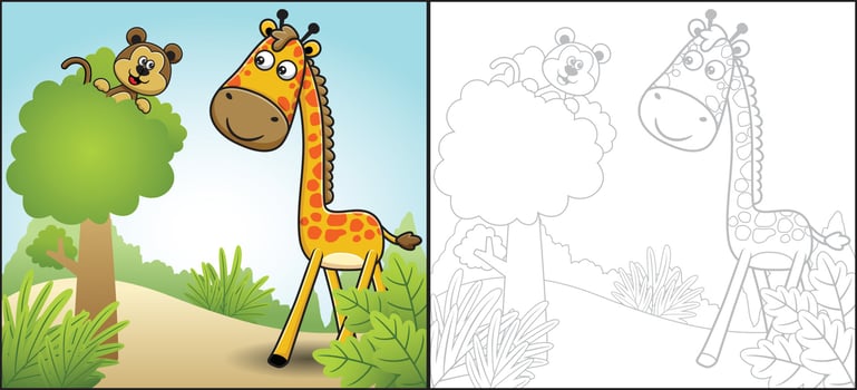 Vector cartoon of giraffe with monkey on tree in the forest. Coloring book or page