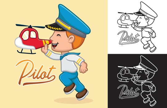 Vector illustration of cartoon boy in pilot uniform playing with helicopter toy